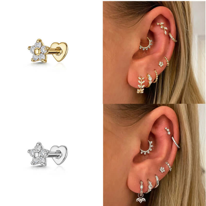 Heart Flat Back Floral CZ Diamond Stud Earrings