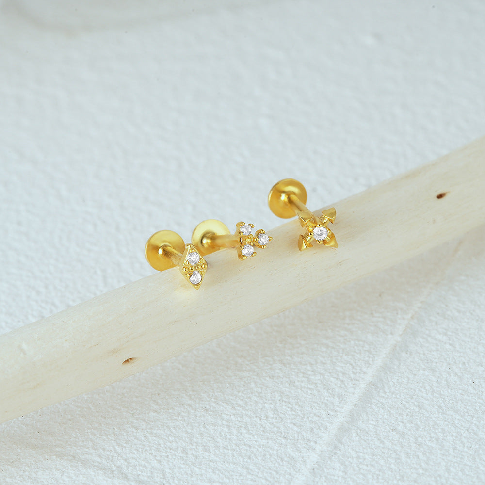 Three Diamonds Four Claws Simple Flat Back Stud Earrings