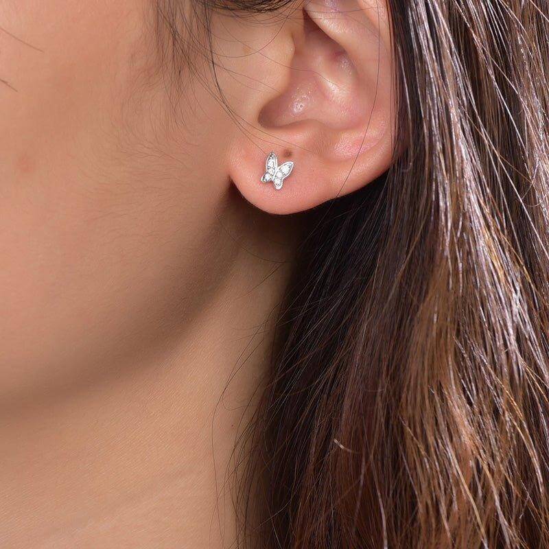 Halo Butterfly White Stone Stud Earrings In Sterling Silver - Trendolla Jewelry