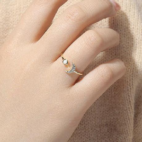 Sterling Silver Opal Crescent Moon and Star Ring Adjustable Moon Ring - Trendolla Jewelry