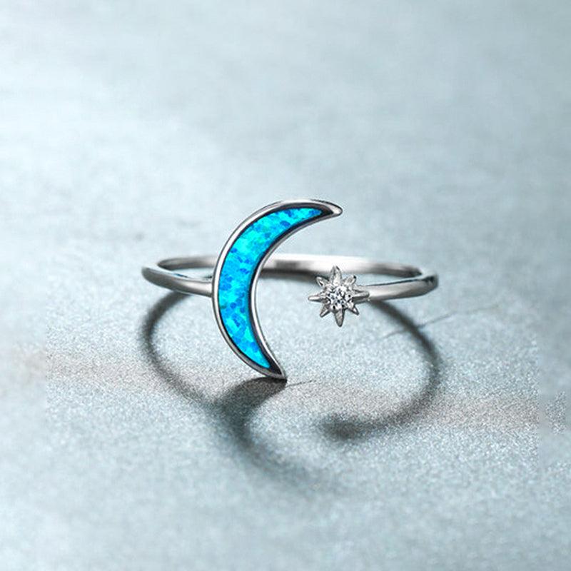 Sterling Silver Opal Crescent Moon and Star Ring Adjustable Moon Ring - Trendolla Jewelry