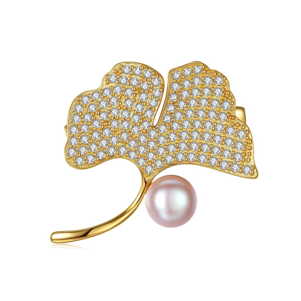 Trendolla apricot leaf Cultured Pearl Sterling Silver Pin Brooch - Trendolla Jewelry