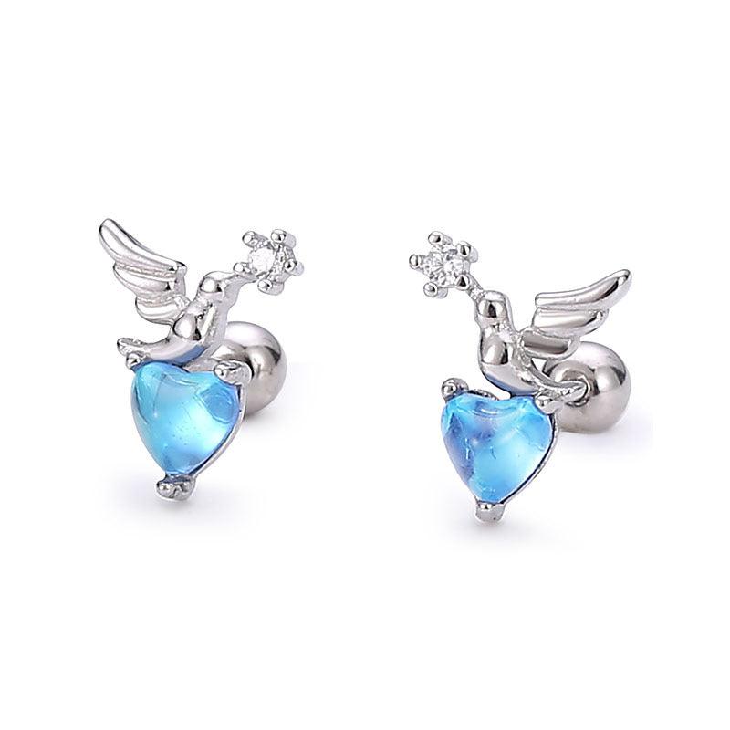 Trendolla Flying Bird With Heart CZ Flat Back Earrings - Trendolla Jewelry