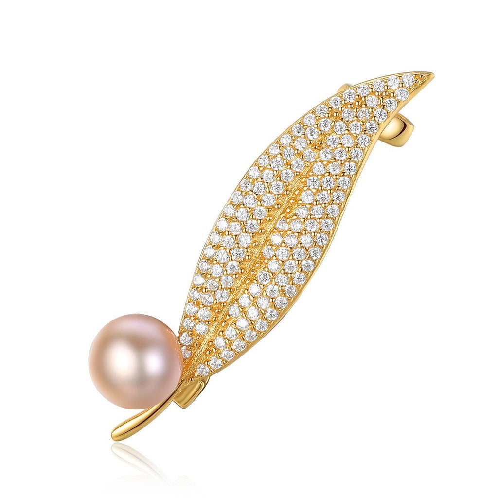 Trendolla Leaf Cultured Pearl Sterling Silver Pin Brooch - Trendolla Jewelry