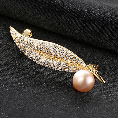 Trendolla Leaf Cultured Pearl Sterling Silver Pin Brooch - Trendolla Jewelry